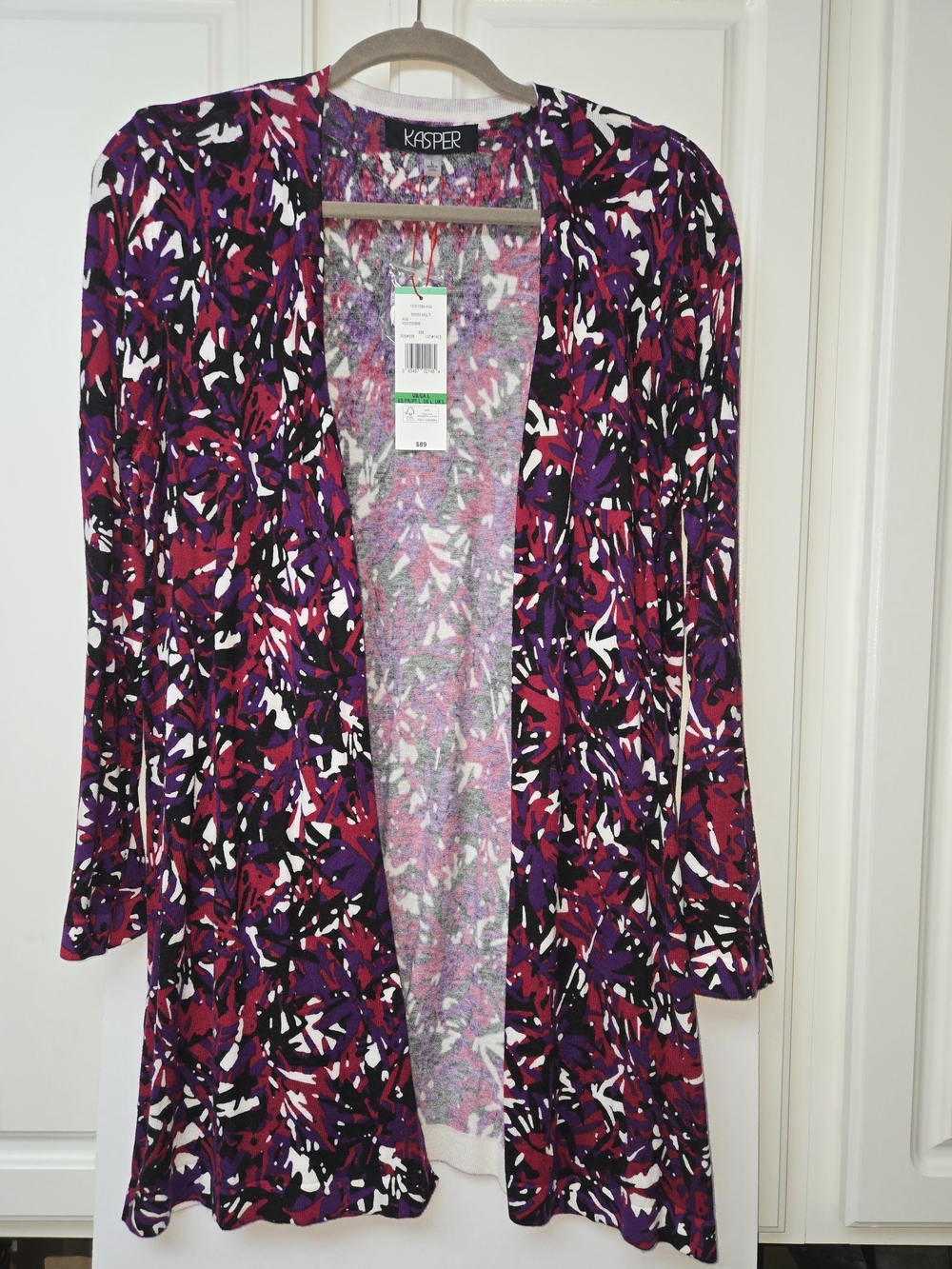 Kasper Black Label by Evan Picone Open-Front Printed Cardigan. NWT Sz Large